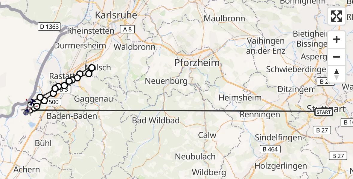 Flugroute Polizeihubschrauber Stuttgart - Karlsruhe Baden-Baden Flughafen, 06 Juli 2026, 06:25