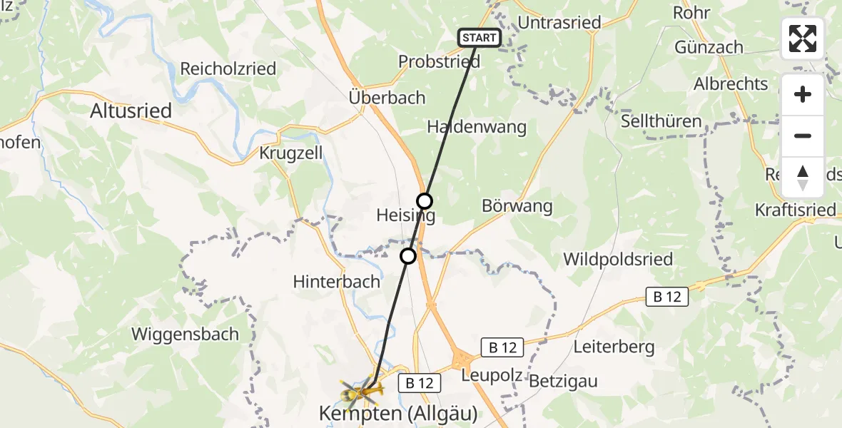 Flugroute Rettungshubschrauber Haldenwang - Kempten (Allgäu), 06 Juli 2026, 06:26