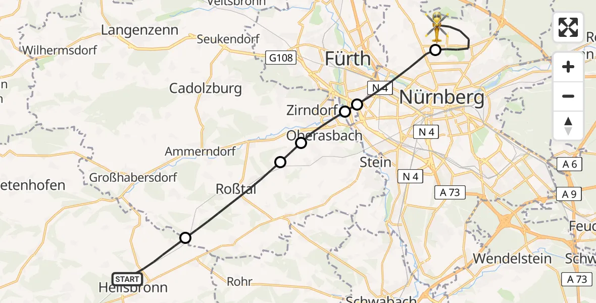 Flugroute Ambulanzhubschrauber Heilsbronn - Flughafen Nuremberg, 06 Juli 2026, 06:28
