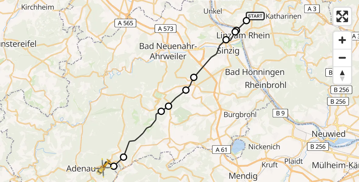 Flugroute Ambulanzhubschrauber Linz am Rhein - Adenau, 06 Juli 2026, 06:29
