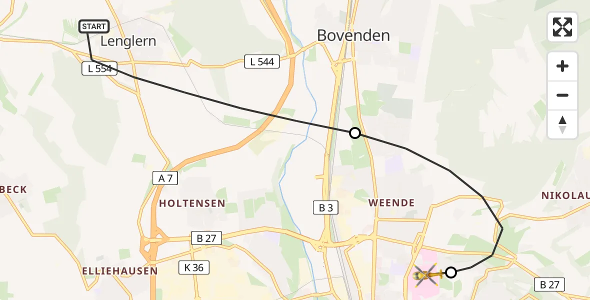Flugroute Rettungshubschrauber Bovenden - Göttingen University Clinic Hubschrauberlandeplatz, 06 Juli 2026, 06:35