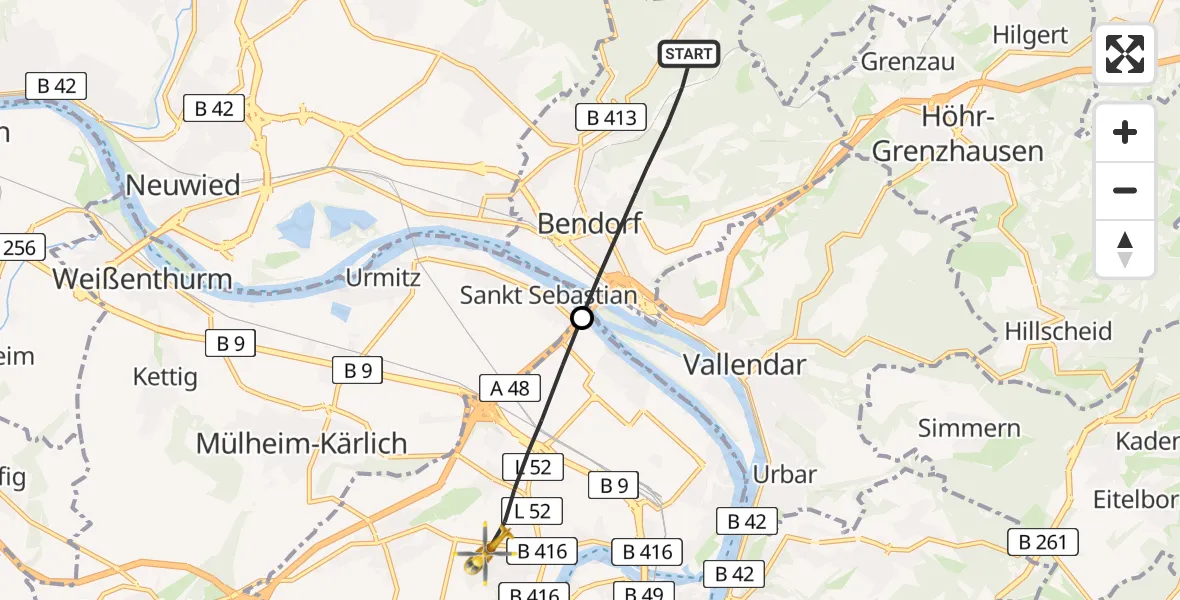 Flugroute Rettungshubschrauber Bendorf - Koblenz, 06 Juli 2026, 06:41