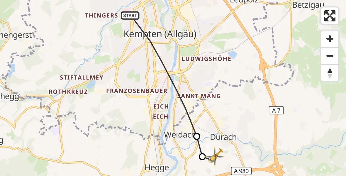Flugroute Rettungshubschrauber Kempten (Allgäu) - Kempten-Durach Flugplatz, 06 Juli 2026, 06:46