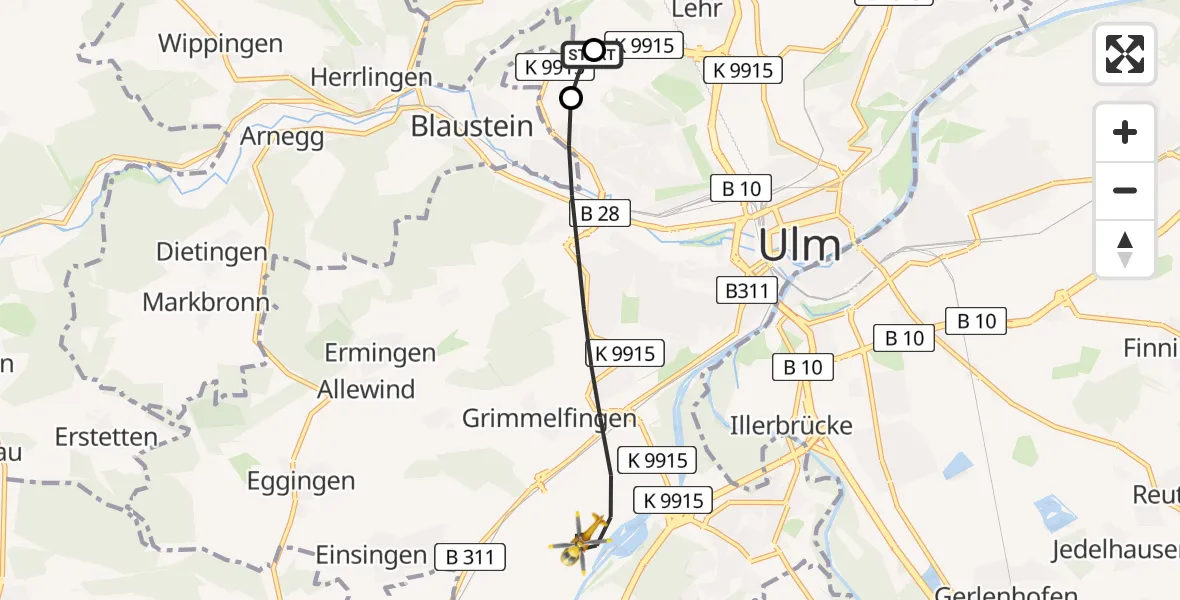 Flugroute Rettungshubschrauber Ulm Military Hospital Emergency - Ulm, 06 Juli 2026, 06:49