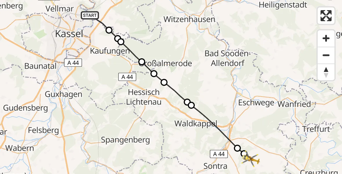 Flugroute Rettungshubschrauber Staufenberg - Ringgau, 06 Juli 2026, 06:52