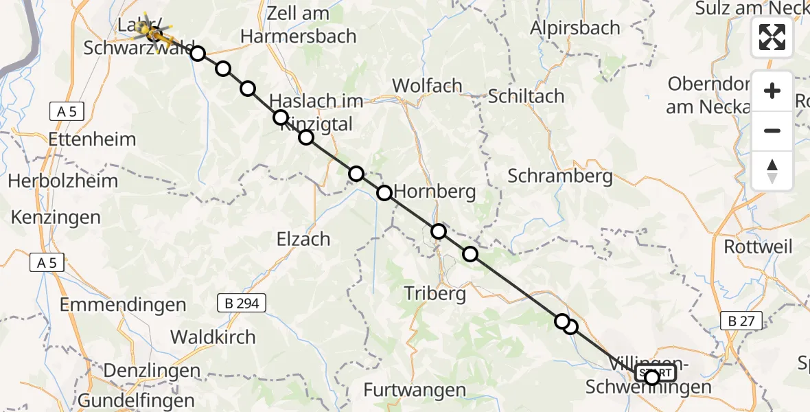 Flugroute Ambulanzhubschrauber DRF Air Rescue Station Villingen-Schwenningen Hubschrauberlandeplatz (Christoph 11) - Ortenau Hospital Lahr-Ettenheim Hubschrauberlandeplatz, 06 Juli 2026, 06:53