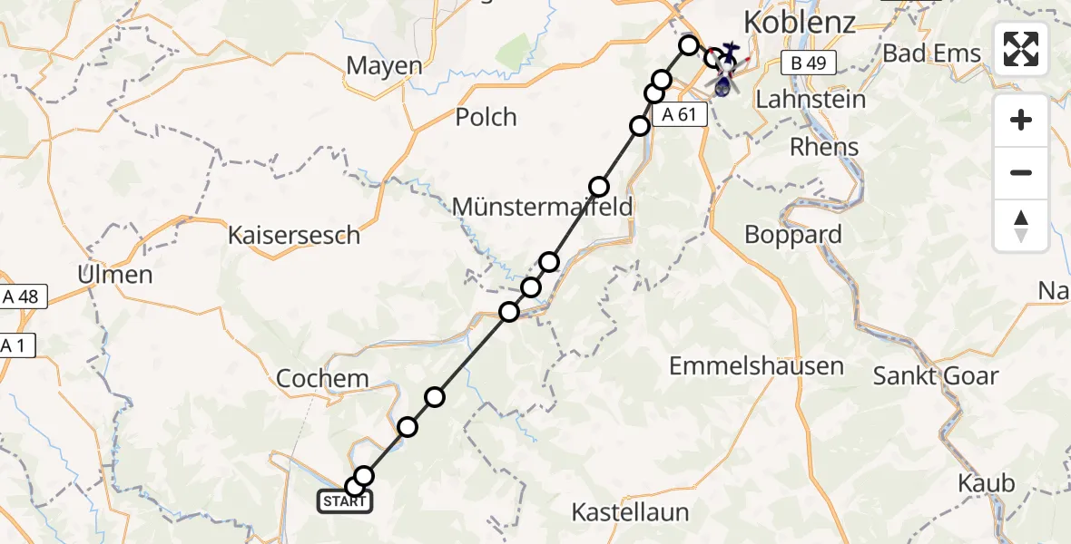 Flugroute Polizeihubschrauber Ediger-Eller - Koblenz-Winningen Flugplatz, 06 Juli 2026, 06:58