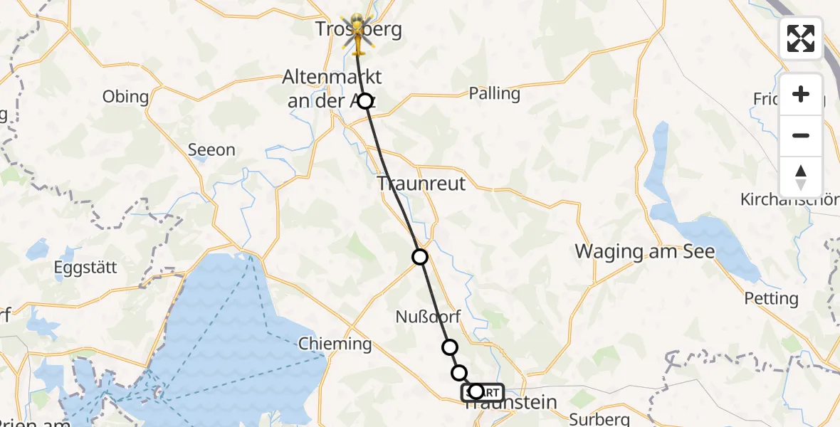 Flugroute Rettungshubschrauber Traunstein Hospital - Trostberg, 06 Juli 2026, 06:59