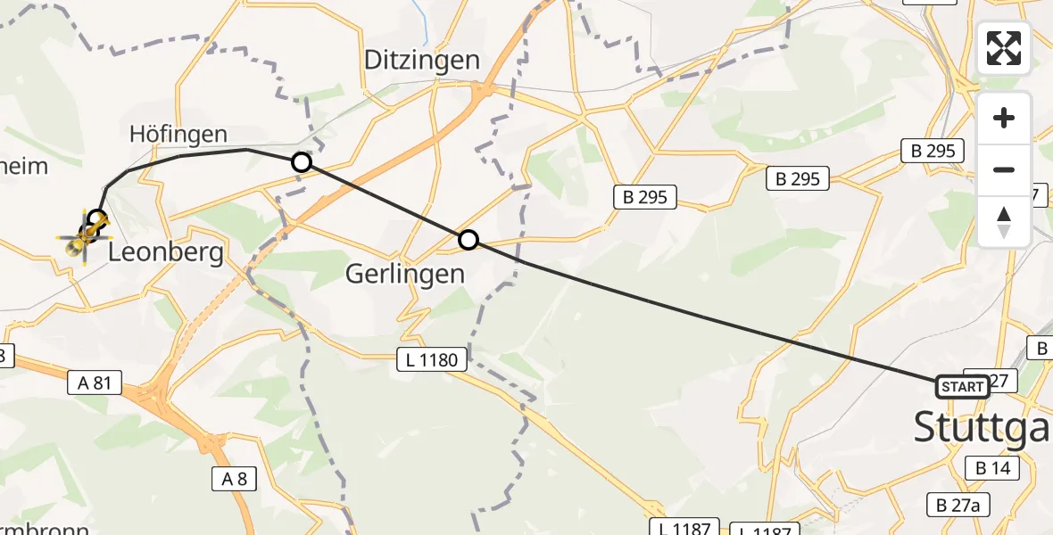 Flugroute Rettungshubschrauber Stuttgart - Leonberg Hospital, 06 Juli 2026, 07:04