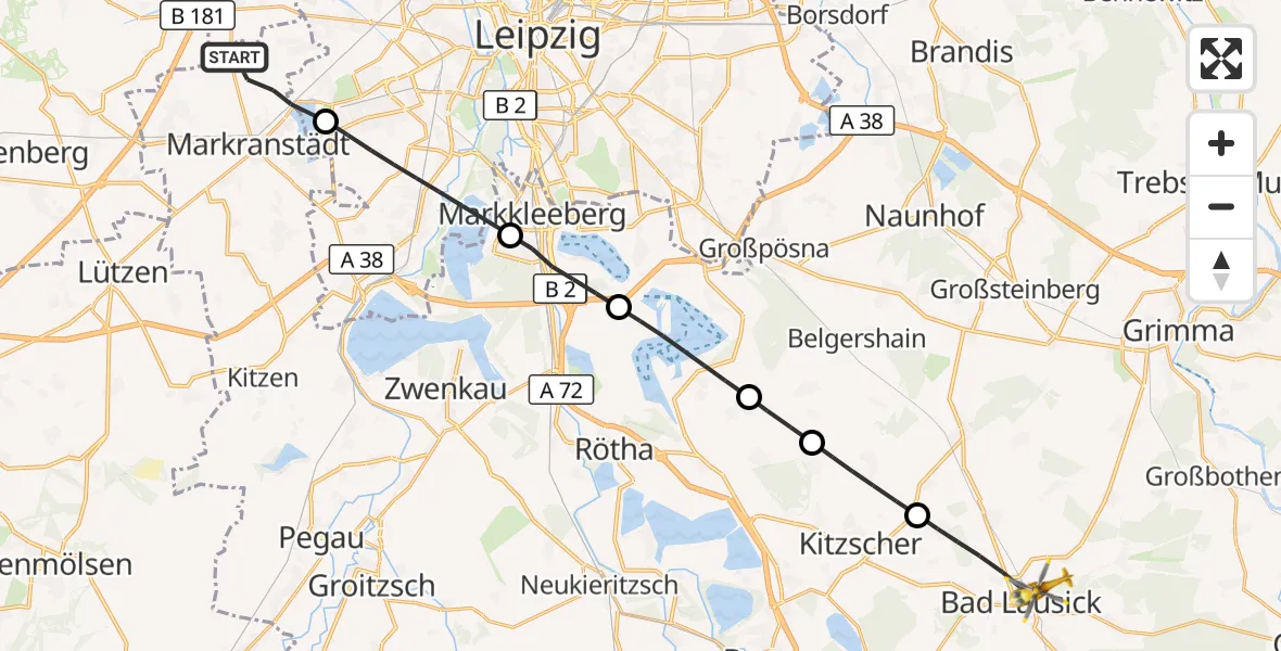 Flugroute Rettungshubschrauber Markranstädt - Bad Lausick, 06 Juli 2026, 07:11