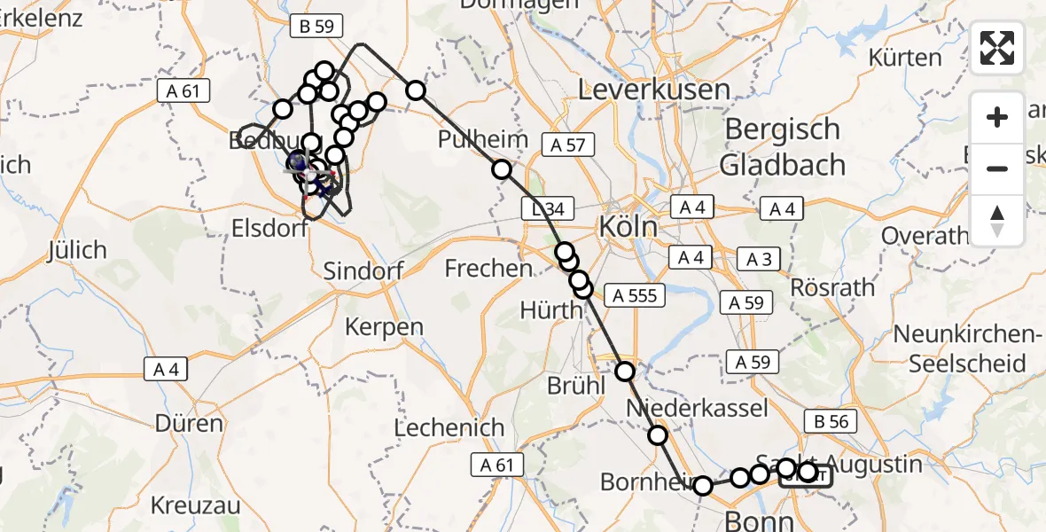Flugroute Polizeihubschrauber Sankt Augustin - Bergheim, 06 Juli 2026, 07:18