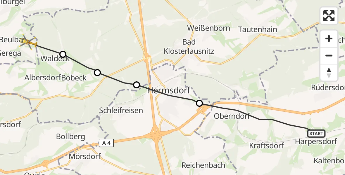 Flugroute Rettungshubschrauber Kraftsdorf - Bürgel, 06 Juli 2026, 07:23