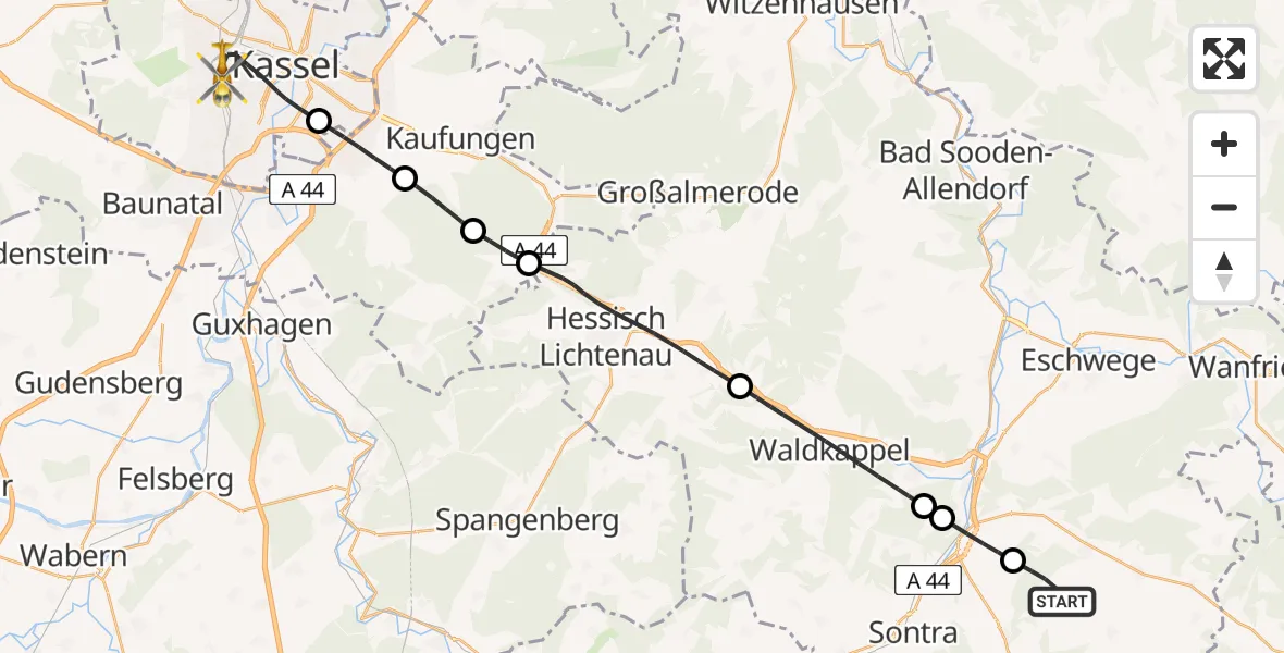 Flugroute Rettungshubschrauber Ringgau - Kassel, 06 Juli 2026, 07:30