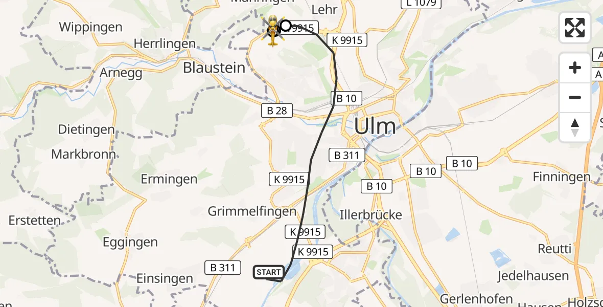 Flugroute Rettungshubschrauber Ulm - ADAC Air Rescue Station Ulm (Christoph 22), 06 Juli 2026, 07:34