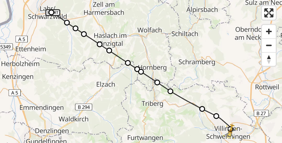 Flugroute Ambulanzhubschrauber Ortenau Hospital Lahr-Ettenheim - DRF Air Rescue Station Villingen-Schwenningen Hubschrauberlandeplatz (Christoph 11), 06 Juli 2026, 07:36