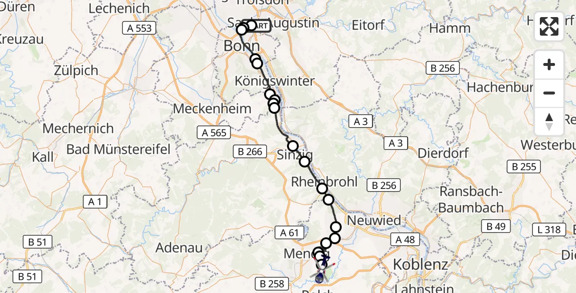 Flugroute Polizeihubschrauber Sankt Augustin - Thür, 06 Juli 2026, 07:39