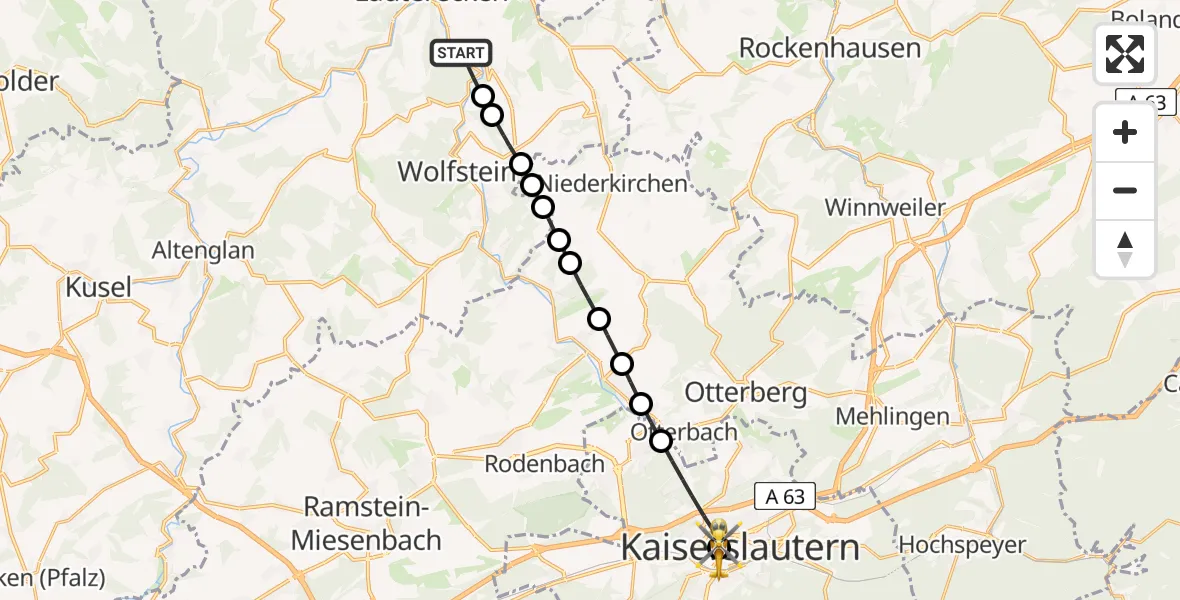 Flugroute Rettungshubschrauber Heinzenhausen - Westpfalz Hospital Kaiserslautern, 06 Juli 2026, 07:42