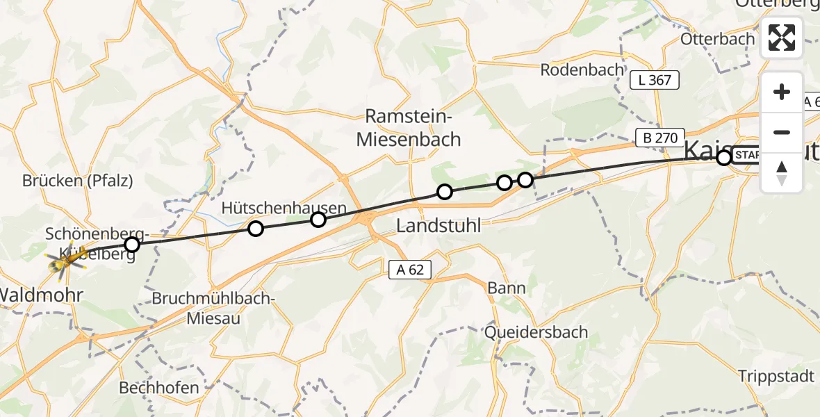 Flugroute Rettungshubschrauber Westpfalz Hospital Kaiserslautern - Schönenberg-Kübelberg, 06 Juli 2026, 08:00