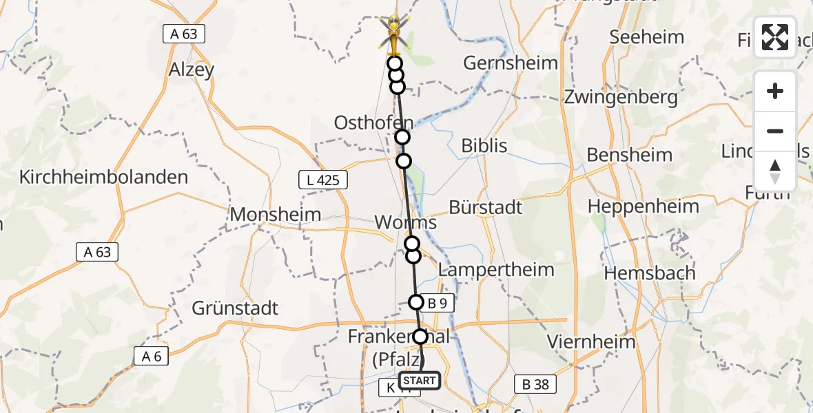 Flugroute Rettungshubschrauber Ludwigshafen am Rhein - Alsheim, 06 Juli 2026, 08:00