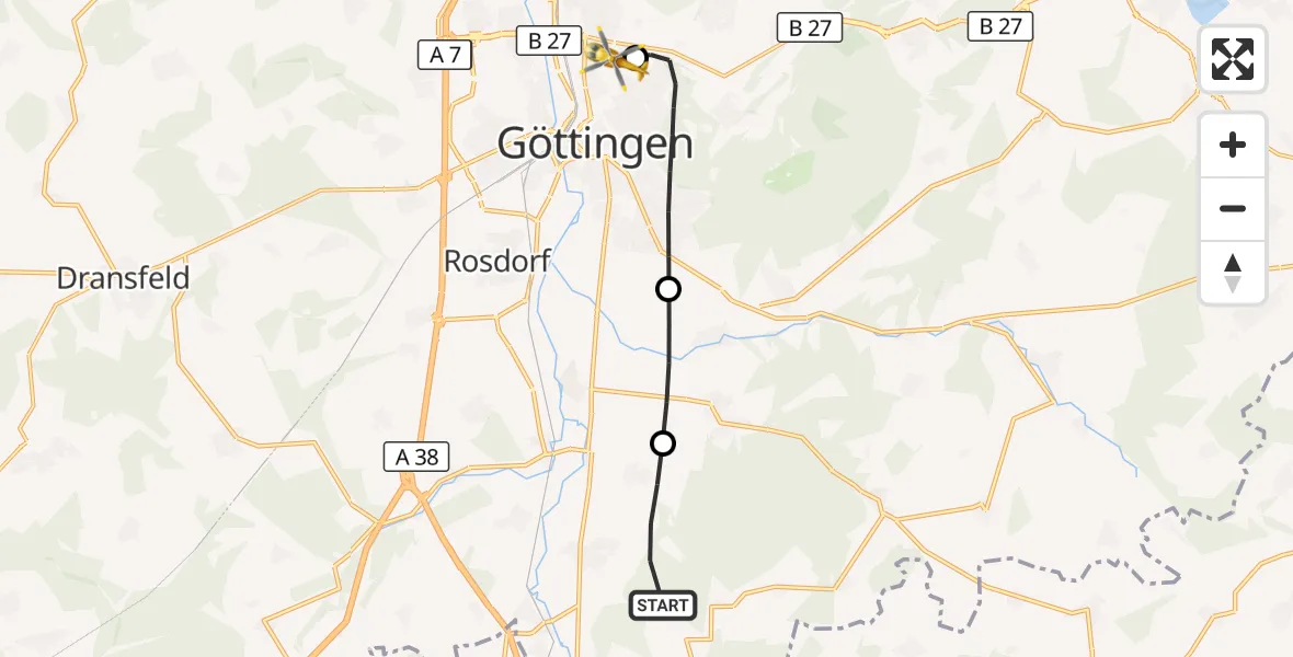 Flugroute Rettungshubschrauber Friedland - Göttingen University Clinic Hubschrauberlandeplatz, 06 Juli 2026, 08:02