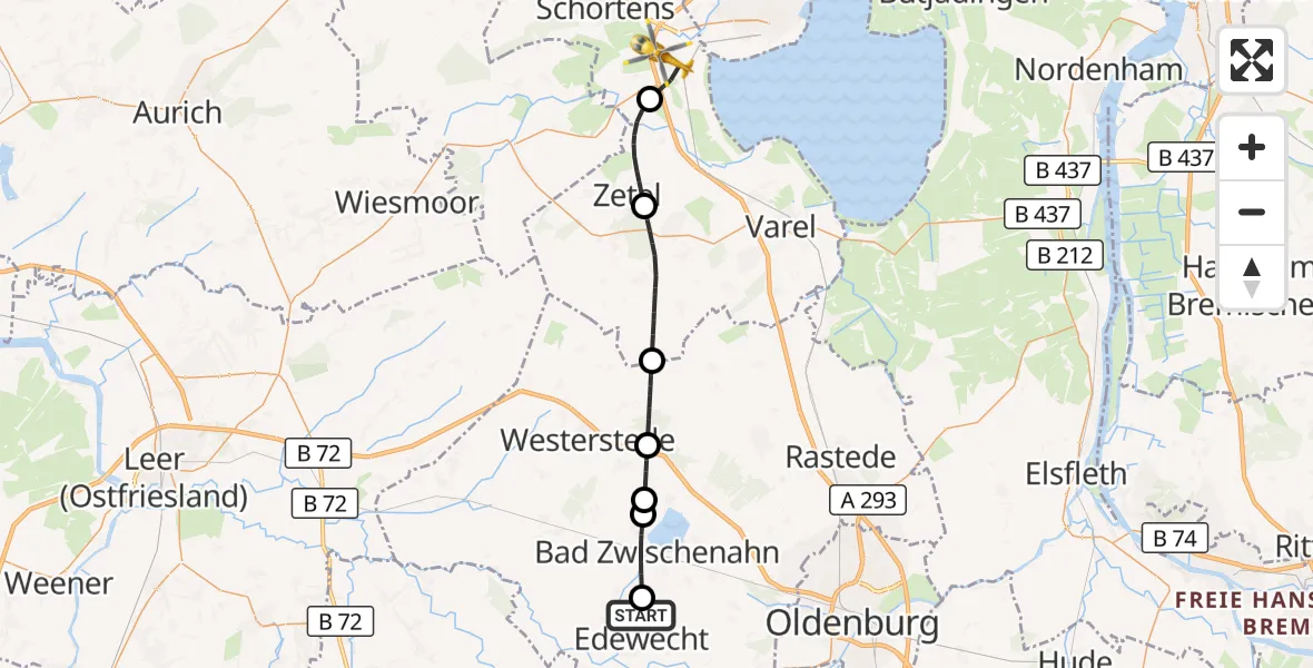 Flugroute Rettungshubschrauber Edewecht - Sande, 06 Juli 2026, 08:02