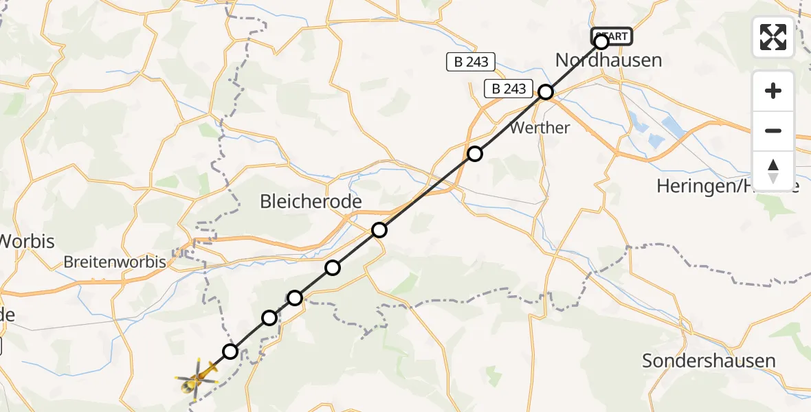 Flugroute Rettungshubschrauber Südharz Hospital Nordhausen - Niederorschel, 06 Juli 2026, 08:09