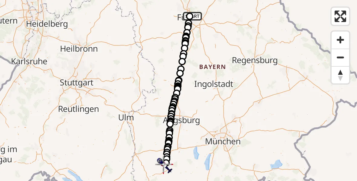 Flugroute Polizeihubschrauber Flughafen Nuremberg - Kaufbeuren, 06 Juli 2026, 08:11