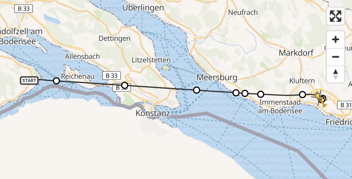 Flugroute Rettungshubschrauber Gaienhofen - Friedrichshafen Hospital, 06 Juli 2026, 08:30