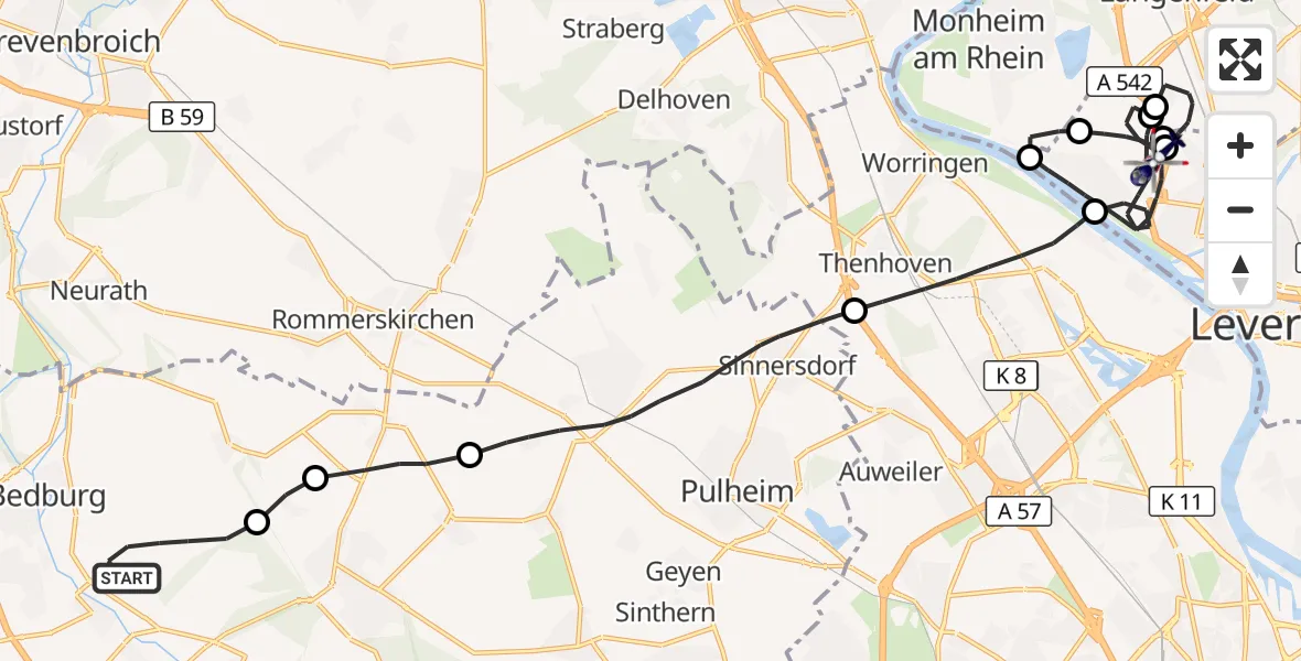 Flugroute Polizeihubschrauber Bergheim - Leverkusen, 06 Juli 2026, 08:30