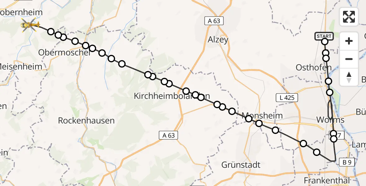 Flugroute Rettungshubschrauber Alsheim - Odernheim am Glan, 06 Juli 2026, 08:32