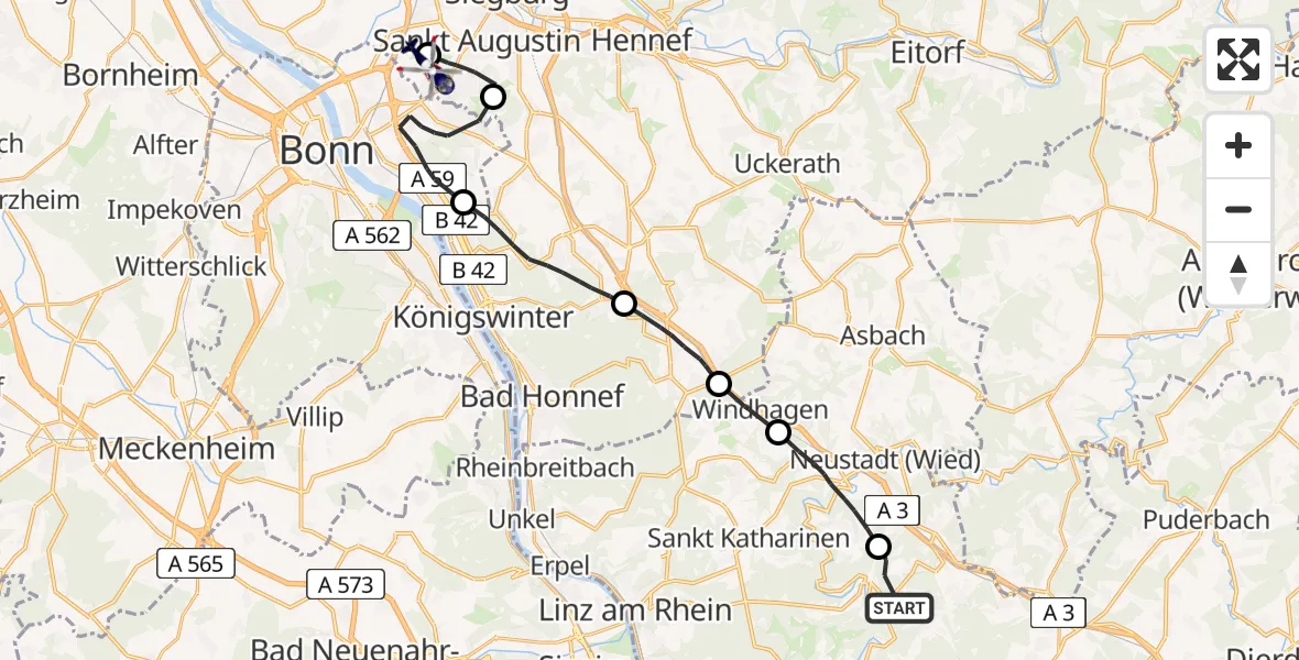 Flugroute Polizeihubschrauber Breitscheid - Bonn-Hangelar Flugplatz, 06 Juli 2026, 08:34