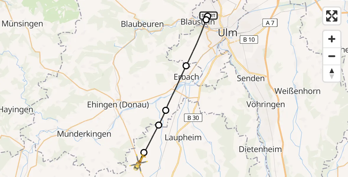 Flugroute Rettungshubschrauber Ulm Military Hospital Emergency - Schemmerhofen, 06 Juli 2026, 08:37