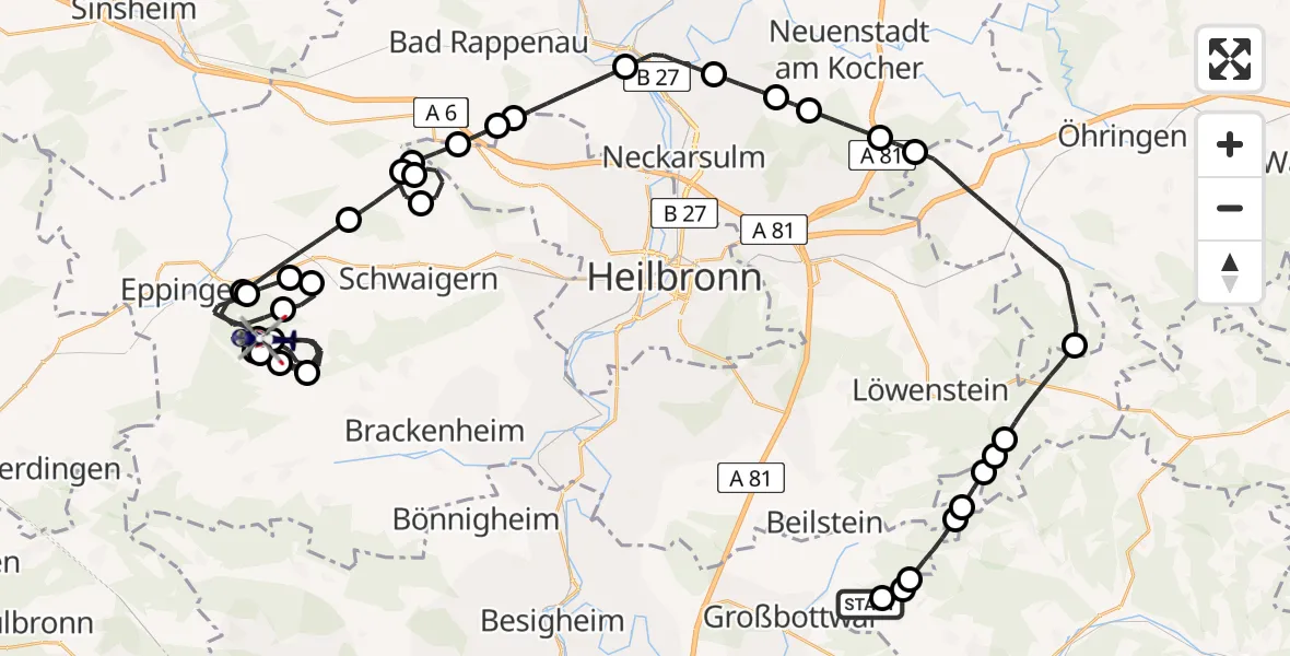 Flugroute Polizeihubschrauber Oberstenfeld - Schwaigern, 06 Juli 2026, 08:38