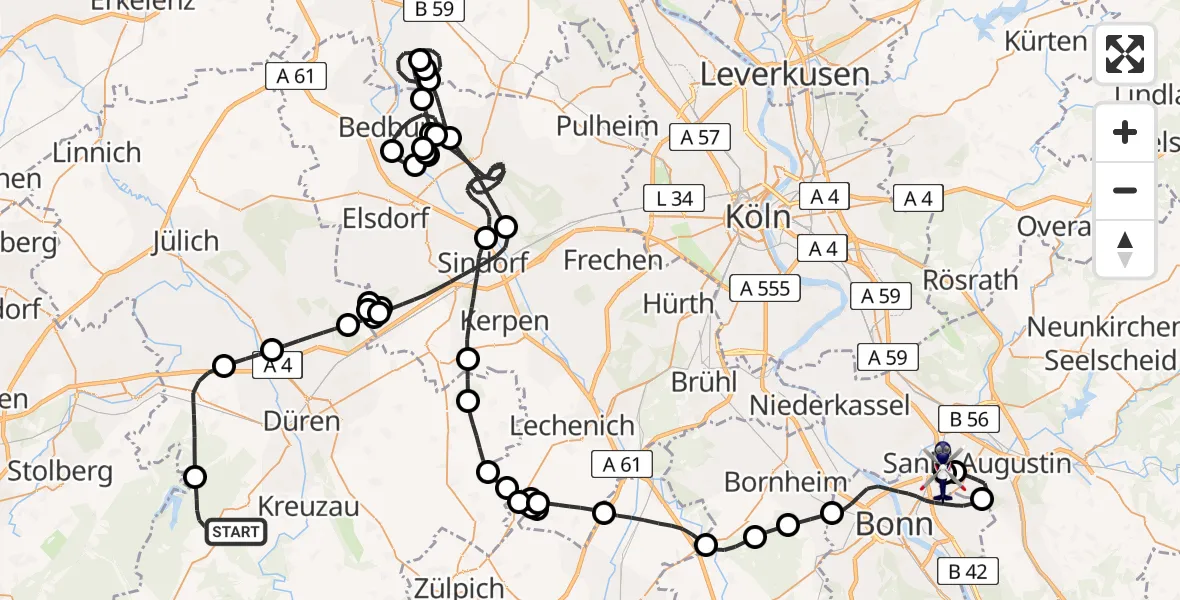 Flugroute Polizeihubschrauber Hürtgenwald - Sankt Augustin, 06 Juli 2026, 08:39