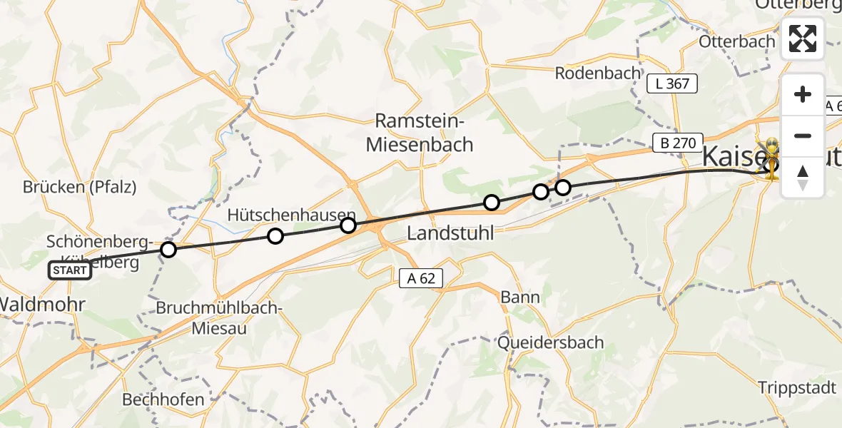 Flugroute Rettungshubschrauber Schönenberg-Kübelberg - Westpfalz Hospital Kaiserslautern, 06 Juli 2026, 08:42