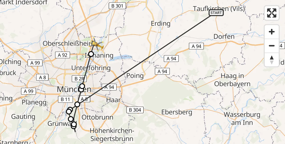 Flugroute Rettungshubschrauber Taufkirchen (Vils) - Garching b.München, 06 Juli 2026, 08:42