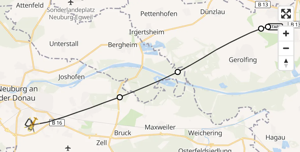 Flugroute Rettungshubschrauber Ingolstadt Hospital - Neuburg a.d.Donau, 06 Juli 2026, 08:43