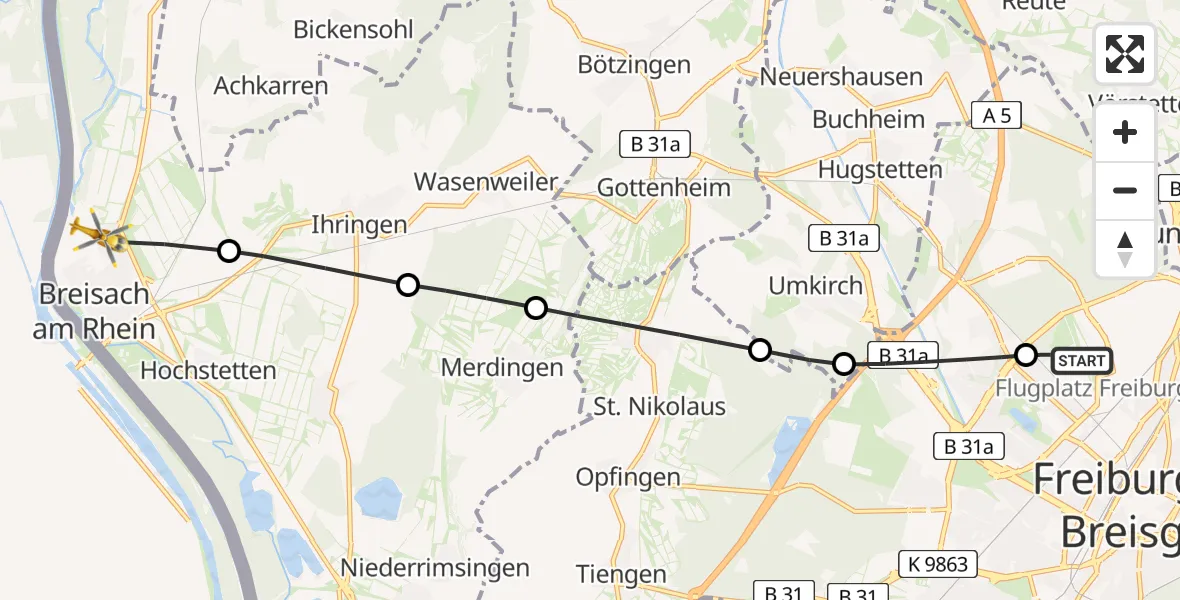 Flugroute Rettungshubschrauber Freiburg im Breisgau Flugplatz - Breisach am Rhein, 06 Juli 2026, 08:48
