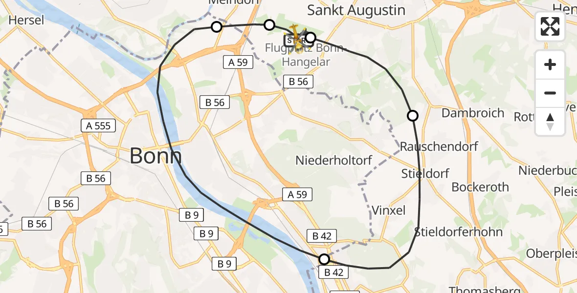 Flugroute Rettungshubschrauber Bonn-Hangelar Flugplatz - Bonn-Hangelar Flugplatz, 06 Juli 2026, 08:48