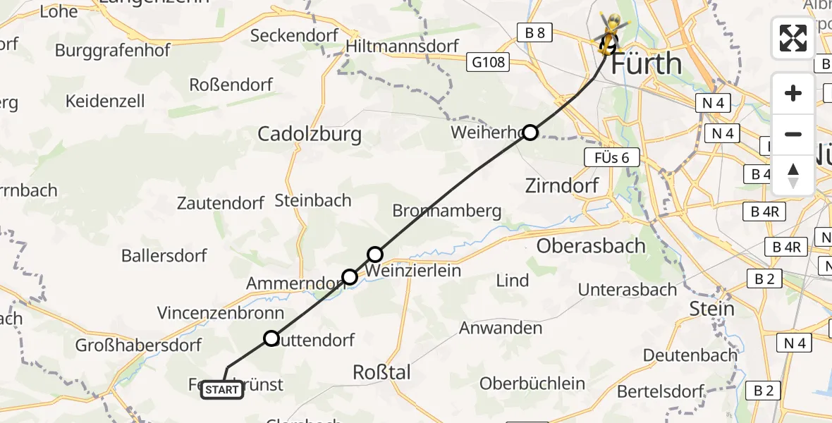 Flugroute Ambulanzhubschrauber Großhabersdorf - Fürth Hospital, 06 Juli 2026, 08:54