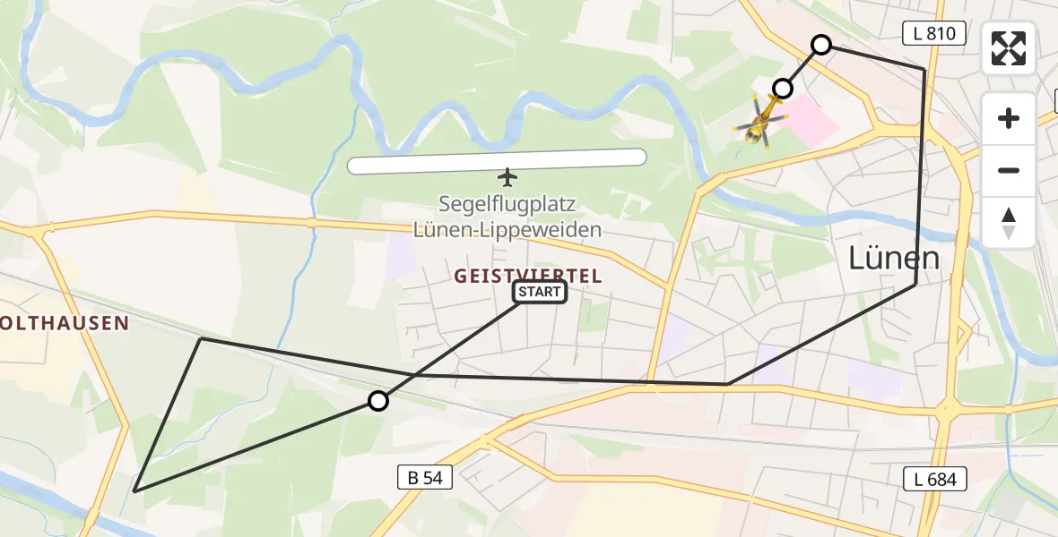 Flugroute Rettungshubschrauber Lünen-Lippeweiden Segelfluggelände - Sankt Marien Hospital, 06 Juli 2026, 08:55