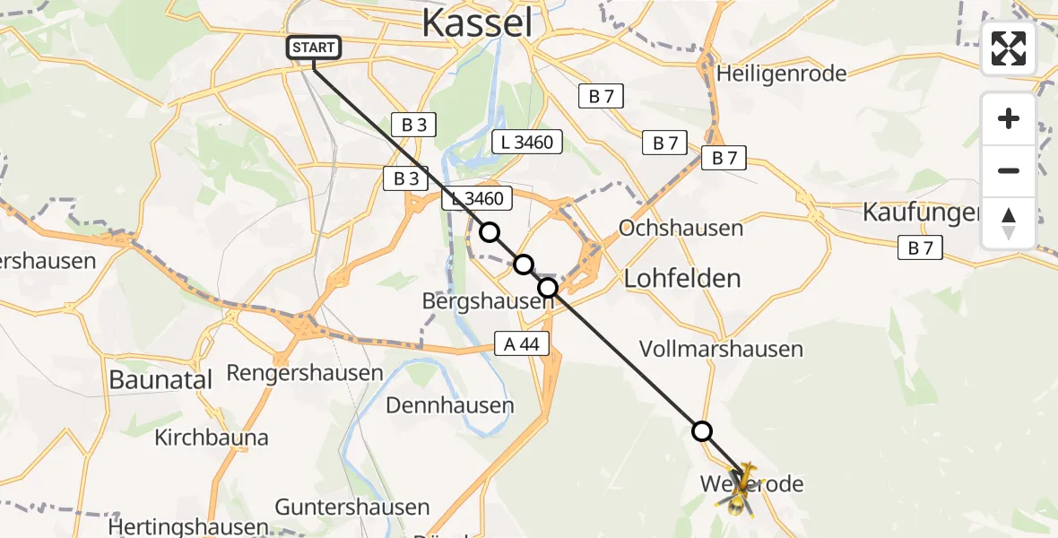 Flugroute Rettungshubschrauber Kassel - Söhrewald, 06 Juli 2026, 08:55