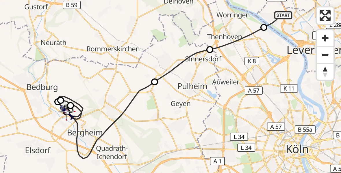 Flugroute Polizeihubschrauber Leverkusen - Bergheim, 06 Juli 2026, 08:55