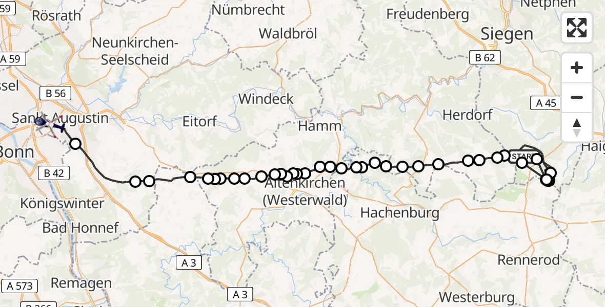 Flugroute Polizeihubschrauber Burbach - Sankt Augustin, 06 Juli 2026, 08:56