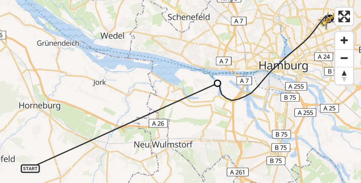 Flugroute Rettungshubschrauber Harsefeld - Hamburg Military Hospital, 06 Juli 2026, 09:04