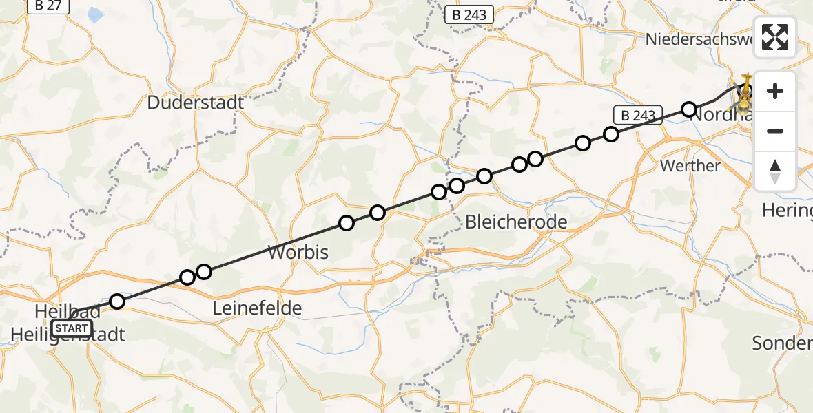 Flugroute Rettungshubschrauber Heilbad Heiligenstadt - Südharz Hospital Nordhausen, 06 Juli 2026, 09:07