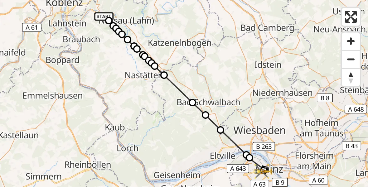 Flugroute Rettungshubschrauber Bad Ems - Mainz University Hospital, 06 Juli 2026, 09:09