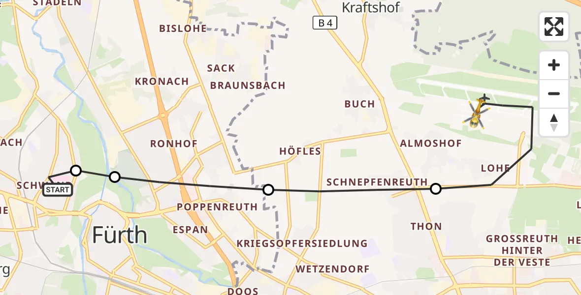 Flugroute Ambulanzhubschrauber Fürth Hospital - Flughafen Nuremberg, 06 Juli 2026, 09:09