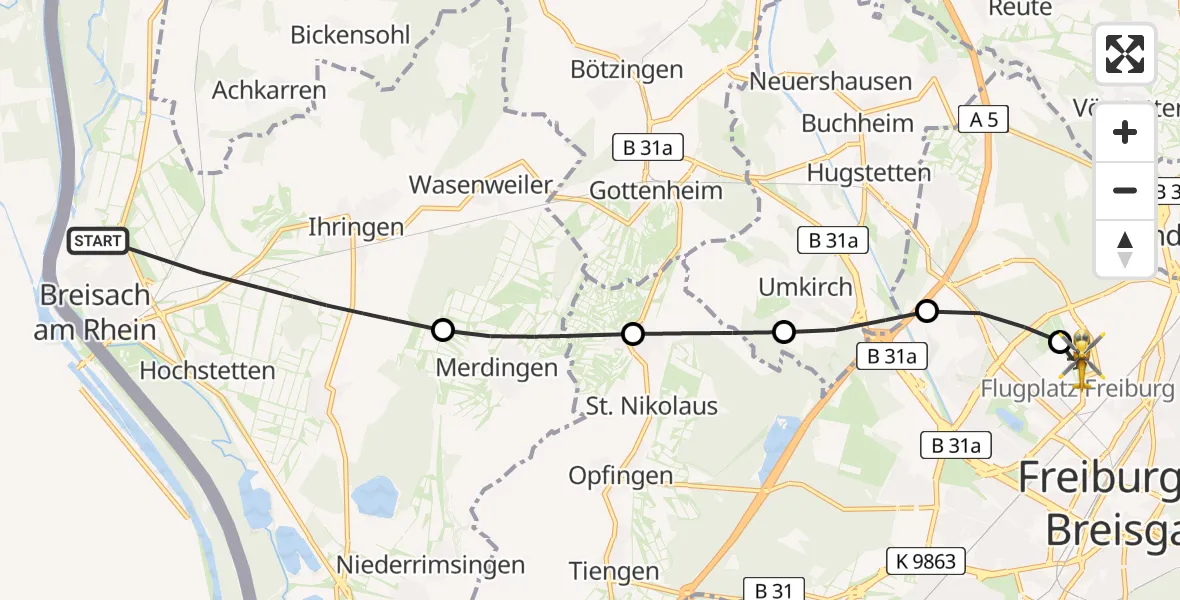 Flugroute Rettungshubschrauber Breisach am Rhein - Freiburg im Breisgau Flugplatz, 06 Juli 2026, 09:12