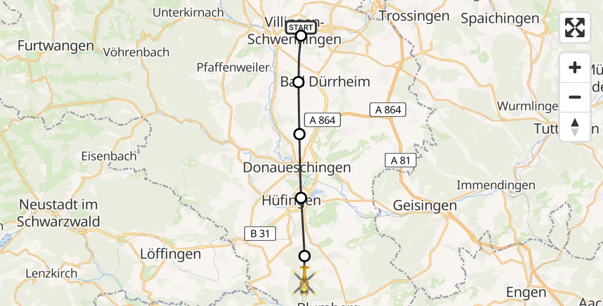 Flugroute Ambulanzhubschrauber DRF Air Rescue Station Villingen-Schwenningen Hubschrauberlandeplatz (Christoph 11) - Blumberg, 06 Juli 2026, 09:15